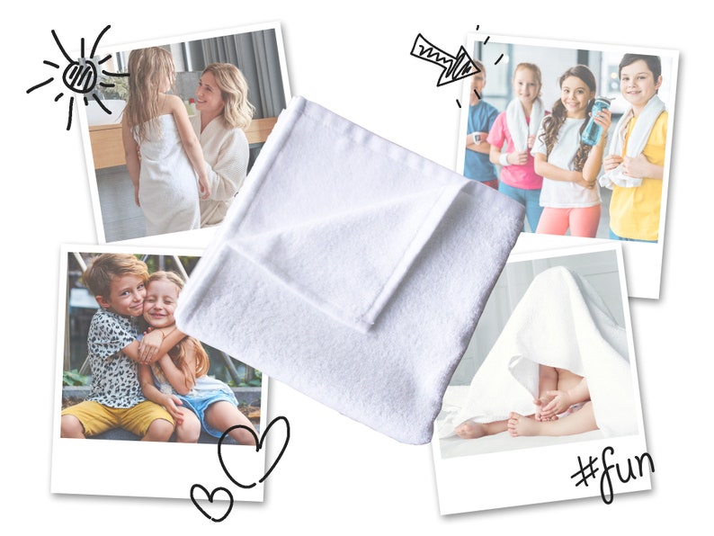 May include: A white towel folded in half, with a variety of photos of children in different settings. The photos include children playing, getting ready for a swim, and hugging. The photos are arranged around the towel, with a heart and the word "fun" drawn on the image.