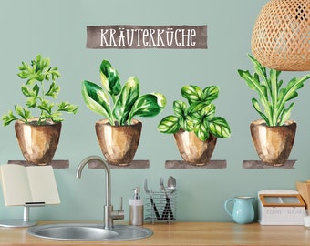 Wandtattoo Wandsticker KräuterTöpfe Kräuterküche Wandaufkleber Küche Deko Aquarell Geschenk Dekoration Interior design