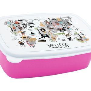 Brotdose für Kinder Mädchen mit Namen personalisiert, Weltkarte Lunchbox Frühstücksdose, Geschenk zur Einschulung, Weihnachten