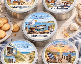 Personalised biscuit tin with name, five coastal watercolour designs, round tinplate cookie storage, seaside gift for beach lovers, 19 cm