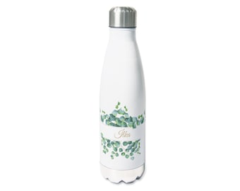 Trinkflasche personalisiert mit Namen, Isolierflasche Wasserflasche für Kinder Erwachsene, 500ml, Sportflasche Geschenk Eukalyptus Aquarell