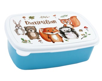Lunch box for children boy personalized with name, forest animals fox hedgehog bear lunch box breakfast box, gift for school enrollment