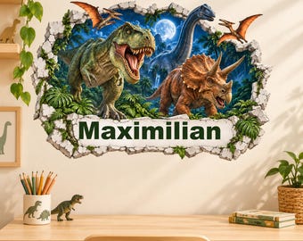 Vinilo decorativo de dinosaurios personalizado con nombre, grupo de dinosaurios a la luz de la luna, vinilo decorativo para habitación infantil, regalo para niños.