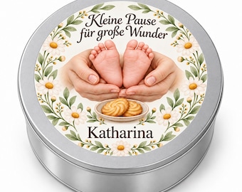 Personalised midwife biscuit tin with name, thank you gift with baby feet and flowers, five designs, round tinplate cookie storage, 19 cm