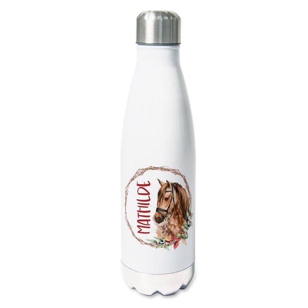 Gourde personnalisée pour filles en acier inoxydable, 500 ml, motif couronne de fleurs avec cheval, cadeau d'anniversaire, bouteille isotherme, nom souhaité