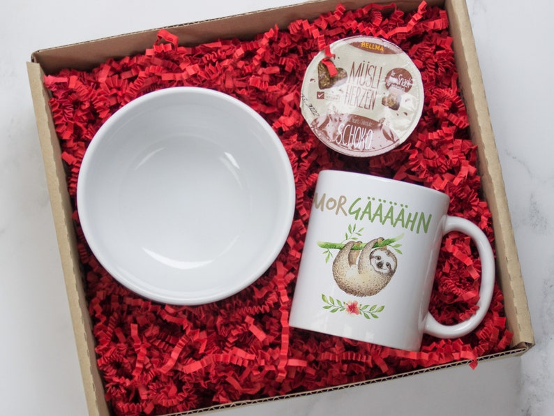 Frühstücksset mit Namen personalisiert, Geschenk-Geschirrset zum Geburtstag / Weihnachten, Müslischale, Tasse 3 teiliges Geschenkset Bild 3