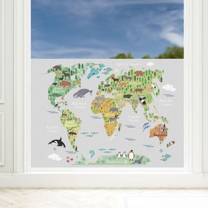 Sichtschutzfolie Kinderzimmer Weltkarte Tiere Fensterfolie Blickdicht, Milchglasfolie, 57cm hoch, Sichtschutz Folie Fenster grün Schule