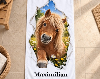 Personalised horse towel with name, ten horse and pony torn fabric designs, two sizes, birthday gift for horse lovers, bathroom and beach