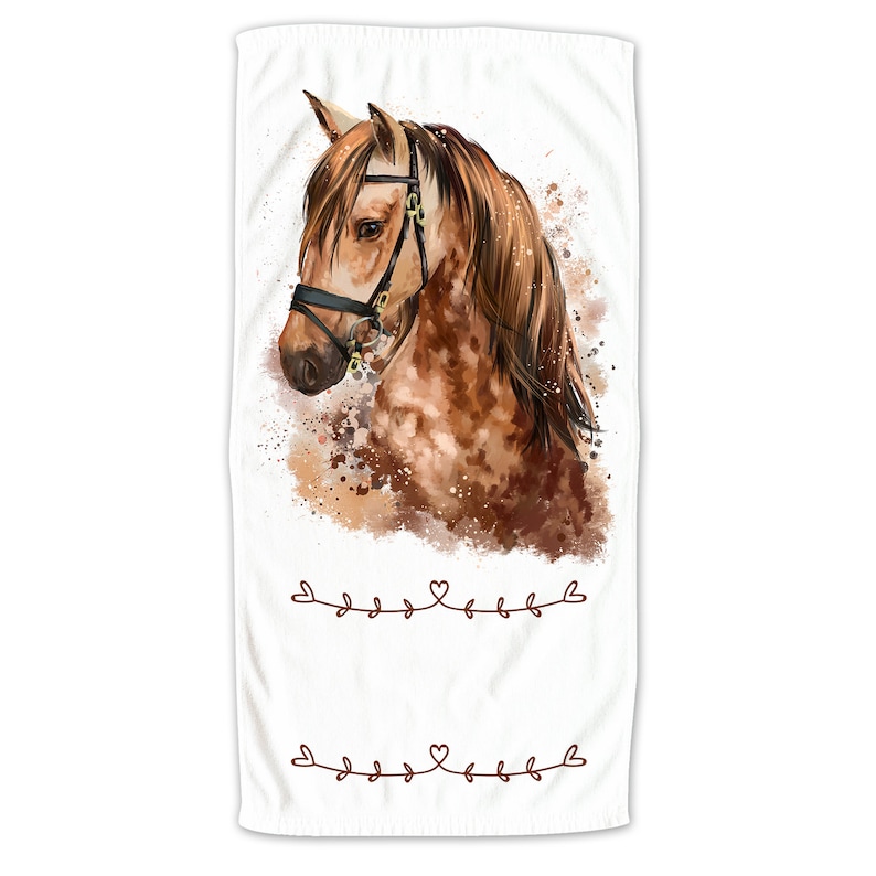 May include: A watercolor painting of a brown and white horse with a black bridle. The horse's head is turned to the side, and its mane is flowing in the wind. The background is a soft brown and white watercolor wash.