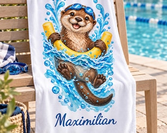 Toalla infantil personalizada con nombre, flotadores de acuarela con nutria, foca, pingüino, tortuga y pato, clases de natación en la playa, dos tamaños