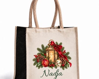 Personalized Christmas tote bag with name, choose from 5 festive designs, cotton canvas jute bag 30 x 30 cm, thoughtful holiday gift for her
