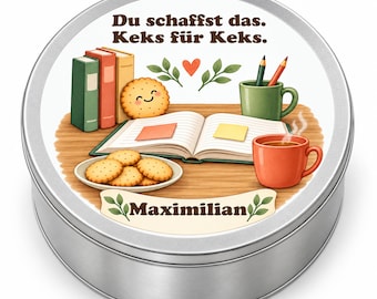 Personalised Cookie Tin with Name, Exam Gift for Students and Apprentices, Study Motivation, German Encouragement Quote, Round 19 cm Tin