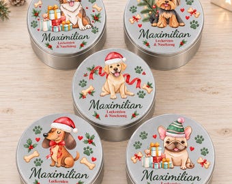 Personalised dog treat tin with your name, Christmas dog design of your choice, round tinplate biscuit storage, gift for dog lovers, 19 cm