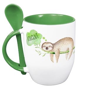 Tasse mit Löffel, Motiv Faultier, Namenstasse, personalisiert, Tasse für Kinder, Geburtstag, Geschenkidee, Becher, Geschenk