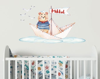 Wall decal boy name, bear on ship, nursery baby room, personalized gift baby boy room watercolor gift birthday