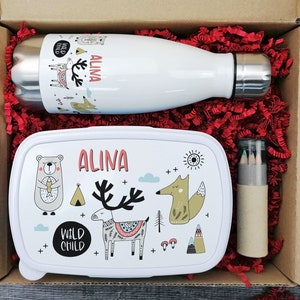 Gift box children drinking bottle with lunch box, animals in scandistyle gift personalized Christmas, birthday enrollment for girls, school image 2