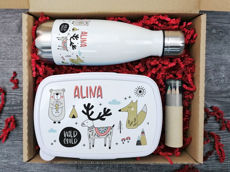 Gift box children drinking bottle with lunch box, animals in scandistyle gift personalized Christmas, birthday enrollment for girls, school image 2