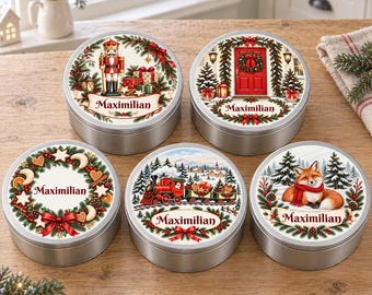 Lata de galletas navideñas personalizada con nombre, 5 diseños de acuarela para elegir, tarro de galletas redondo de hojalata, regalo personal para familiares y amigos.