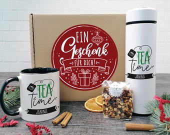 Geschenkset Tee, Teeflasche mit Sieb, Tasse mit Namen personalisiert, Bratapfeltee, Geschenk Box, Weihnachtsgeschenk sie, ihn Teetrinker