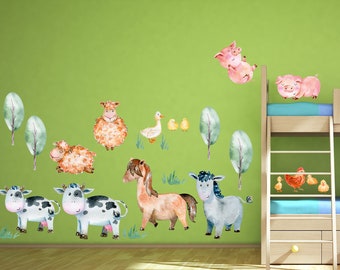 Wandtattoo Set Bauernhoftiere Kühe, Schweine, Pferde uvm. mit Bäumen für Kinderzimmer, Aquarell, Wandsticker für Kinder