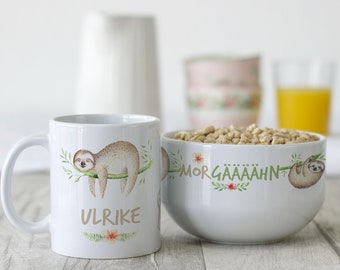 Frühstücksset mit Namen personalisiert, Geschenk-Geschirrset zum Geburtstag / Weihnachten, Müslischale, Tasse 3 teiliges Geschenkset