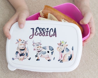 Brotdose Mädchen mit Namen personalisiert, lustige Kühe Lunchbox Frühstücksdose, Geschenk zur Einschulung, Weihnachten, Einschulungsgeschenk