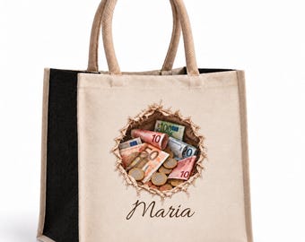 Personalized money print tote bag with custom name, 3 banknote and coin designs, cotton canvas jute shopper 30x30 cm, unique everyday gift