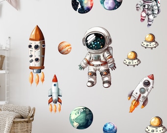 Wandtattoo Weltraum Planeten Astronaut Aquarell - Kinderzimmer Junge - niedliche Aufkleber Wandsticker Set