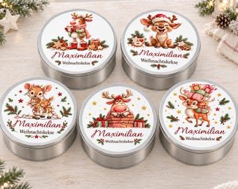 Lata de galletas navideñas personalizada con diseño de reno, tarro de galletas redondo de hojalata, regalo para familiares y amigos, cinco diseños