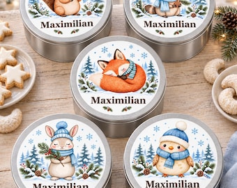 Personalized cookie tin with name, winter woodland animals in watercolor, round metal biscuit box, Christmas gift for family and friends