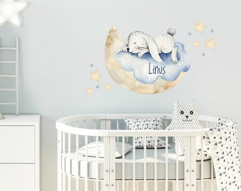 Wandtattoo Kinderzimmer Junge, Hase auf Mond mit Namen Sterne, Babyzimmer personalisiert, Entfernbare Wandsticker, Geschenk Geburt Kinder