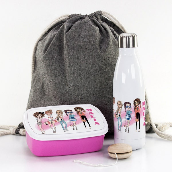 Geschenkset zur Einschulung, personalisiert mit Name, Motiv Mädchen Girlie, Brotdose Trinkflasche Jojo und Tasche für Schule, Schulanfang