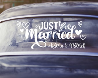 Autoaufkleber Hochzeit, personalisiert mit Namen, Hochzeitsaufkleber für Auto Heirat Just Married Herzen / 70x36cm / Weiss