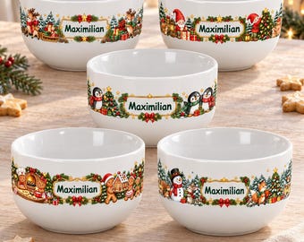 Personalised Christmas Cereal Bowl with Name, Ceramic 600 ml, Kids Gift, Reindeer, Gnomes, Penguins, Gingerbread, Snowman Watercolour Design