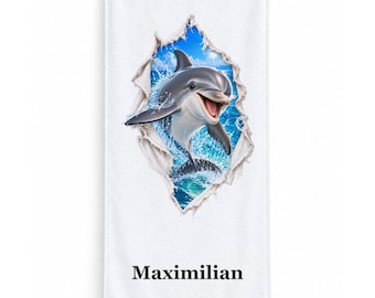 Personalized sea animal towel with name, 50 x 100 cm, dolphin, turtle, shark and more motifs, bathroom or beach gift for ocean lovers