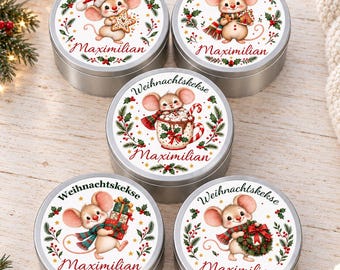 Personalized Christmas mouse cookie tin with name, 5 watercolour designs, biscuit storage tin, Christmas gift for family and bakers