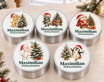 Personalised Christmas biscuit tin with name – dog, cat, raccoon, penguin or hedgehog, cookie storage gift for animal lovers and families