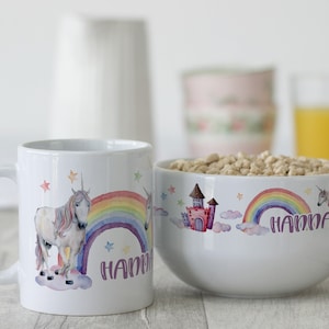 Frühstücksset Kinder mit Namen personalisiert, Geschenk-Geschirrset zum Geburtstag, Müslischale, Tasse 3teilig Geschenkset, Einhorn Schloss