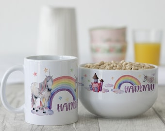 Children&#39;s breakfast set personalized with names, birthday crockery set, cereal bowl, 3-piece cup gift set, unicorn castle