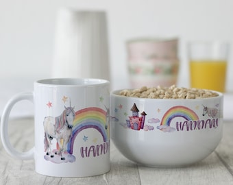 Frühstücksset Kinder mit Namen personalisiert, Geschenk-Geschirrset zum Geburtstag, Müslischale, Tasse 3teilig Geschenkset, Einhorn Schloss