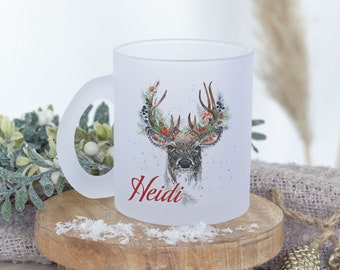 Weihnachtstasse Glas personalisiert mit Name, Tee-Tasse, Kaffee-Becher, Rentier, Hirsch, Weihnachten, als Geschenk Weihnachten groß 330ml