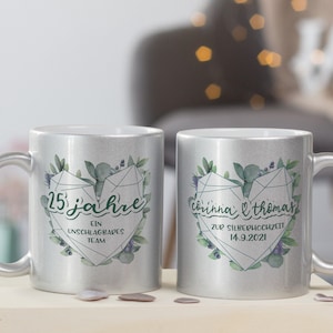 Geschenk Box zur Silberhochzeit 25 Jahre, personalisiert mit Namen u Datum, Set mit Tassen u Kuchen, Herz Eukalyptus, Hochzeitsgeschenk Idee