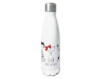 Trinkflasche personalisiert mit Namen, Isolierflasche Wasserflasche für Kinder Erwachsene, 500ml, Sportflasche Geschenk - Süße Katzen