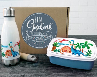 Gift box kids drinking bottle with lunch box, dinosaur gift personalized Christmas, birthday enrollment for boys, set school