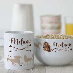 Frühstücksset Kinder mit Namen personalisiert, Geschenk-Geschirrset zum Geburtstag, Müslischale, Tasse 3teilig Geschenkset, Pferd
