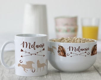 Frühstücksset Kinder mit Namen personalisiert, Geschenk-Geschirrset zum Geburtstag, Müslischale, Tasse 3teilig Geschenkset, Pferd