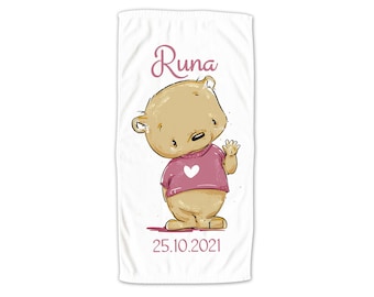 Handtuch Kinder personalisiert mit Namen und Datum, Bärchen, Bär, kuscheliges Badetuch Strandtuch, Personalisiertes Geschenk, Babyhandtuch