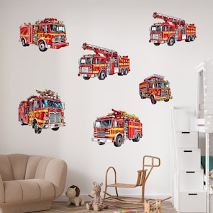 Muursticker voor jongenskamers - Brandweerset - 6 brandweerwagens als muursticker voor jongens, overal te plakken 100 x 57 cm