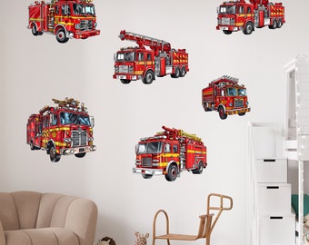 Wandtattoo Kinderzimmer Junge - Feuerwehr Set - 6 Feuerwehrautos als Wandaufkleber für Jungs, beliebig platzierbar 100x57cm