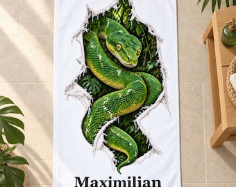 Personalized towel with name, reptile and amphibian cloth-tear designs, 2 bath towel sizes, birthday gift for animal lovers, cotton side